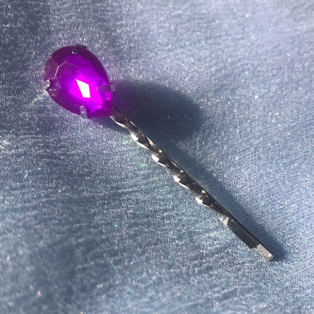 10/$10 Silver Tone Bobby Pin Hair Clip with Purple Teardrop Faux Rhinestone